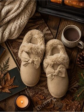 Rouge Helium Cozy Faux Fur Bow Platform Slippers Size 10 Cream NWOT